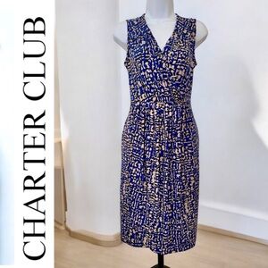 SLEEVELESS FAUX WRAP DRESS. CHARTER CLUB MIDI V-NECK. SIZE S. BLUE/BEIGE FLOWY